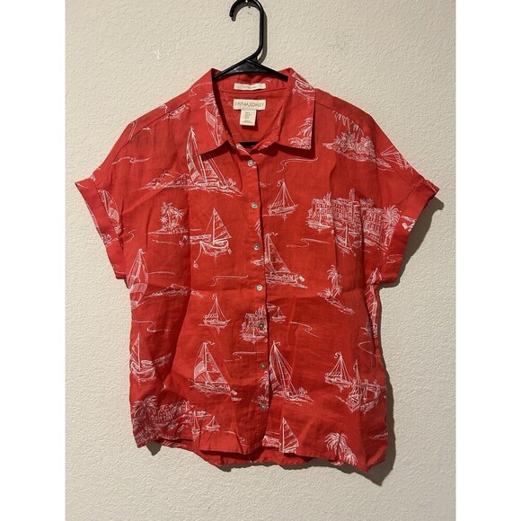 Cynthia Rowley Linen Salmon Pink Button Up Sailboat Shirt Coastal size S Resort - Picture 1 of 7